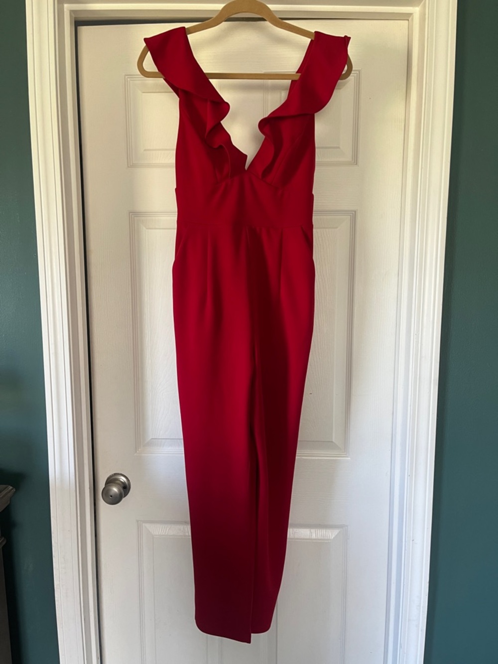 Lulu's Red Ruffle V-Neck Pant Romper